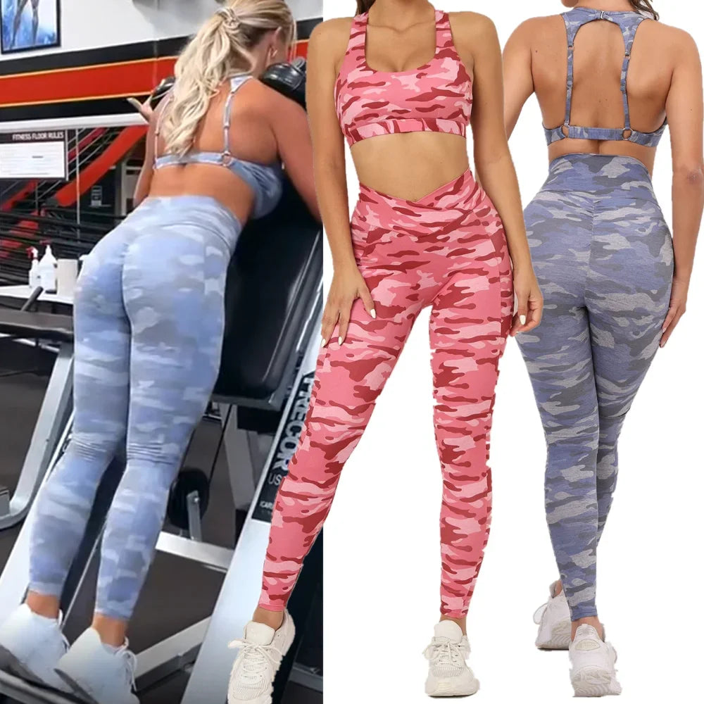 QK 2024 Camo Sports Bra Squat Proof Scrunch High V Waist Leggings Yoga Sets Fitness Workout Gym Pant Women Running Active Suit