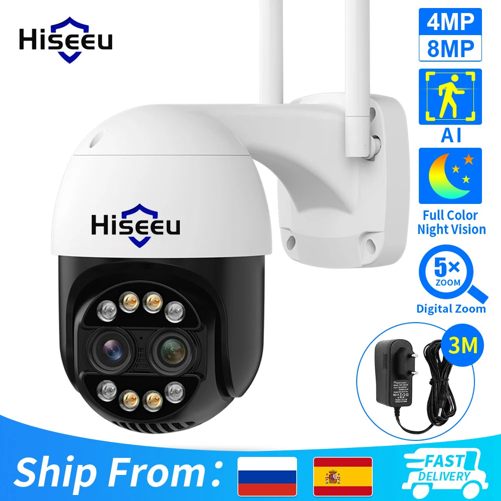 Hiseeu 8MP 4K PTZ IP Camera 8x Zoom Dual-Lens Human Detect CCTV Camera 4MP Smart Home Outdoor Wifi Surveillance Camera ICSEE APP