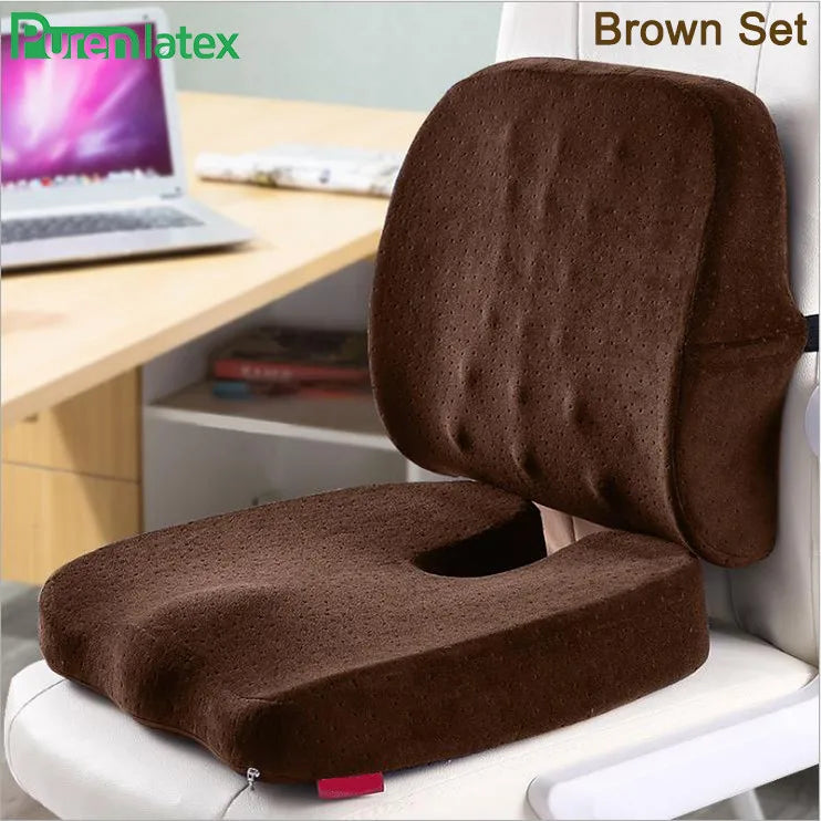 PurenLatex 2pcs Office Car Memory Foam Pillow Set Spine Coccyx Protect Orthopedic Seat Office Sofa Chair Back Cushion Waist Mat