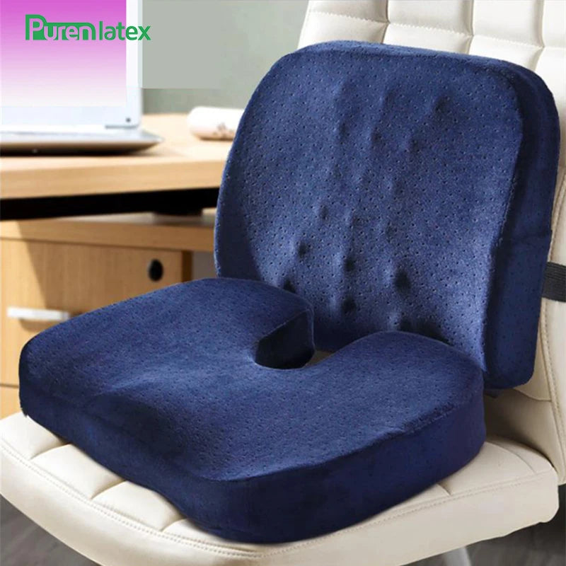 PurenLatex 2pcs Office Car Memory Foam Pillow Set Spine Coccyx Protect Orthopedic Seat Office Sofa Chair Back Cushion Waist Mat