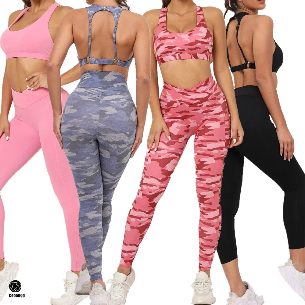 QK 2024 Camo Sports Bra Squat Proof Scrunch High V Waist Leggings Yoga Sets Fitness Workout Gym Pant Women Running Active Suit