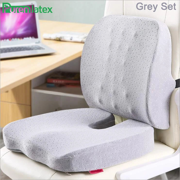 PurenLatex 2pcs Office Car Memory Foam Pillow Set Spine Coccyx Protect Orthopedic Seat Office Sofa Chair Back Cushion Waist Mat