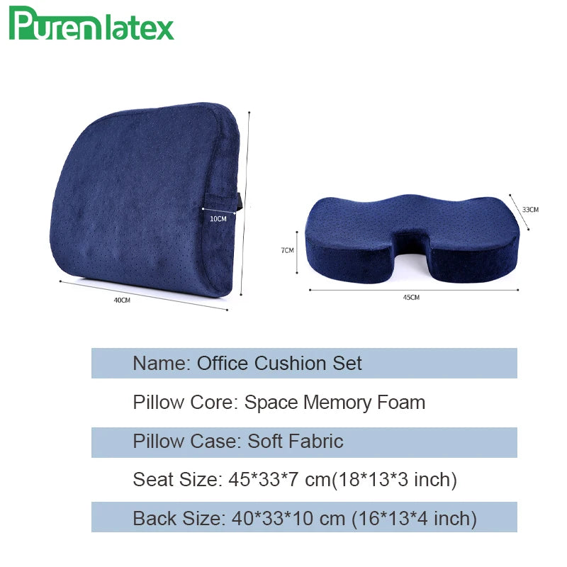 PurenLatex 2pcs Office Car Memory Foam Pillow Set Spine Coccyx Protect Orthopedic Seat Office Sofa Chair Back Cushion Waist Mat