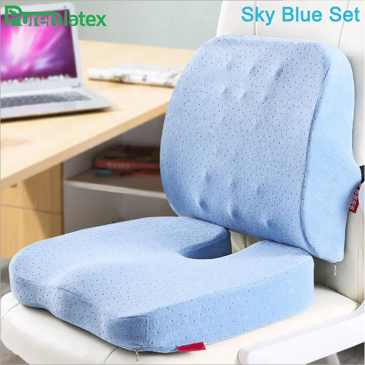 PurenLatex 2pcs Office Car Memory Foam Pillow Set Spine Coccyx Protect Orthopedic Seat Office Sofa Chair Back Cushion Waist Mat